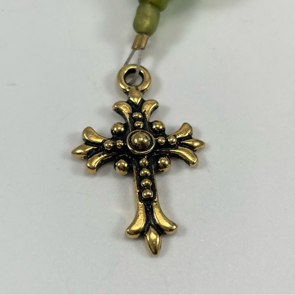African Turquoise Green Glass Beaded Payer Beads Gold Tone Cross Religious - Picture 5 of 6